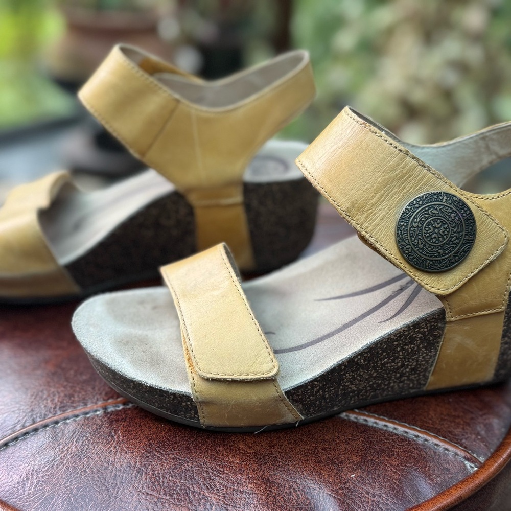 Abeo yellow leather and cork wedge sandals size 8.